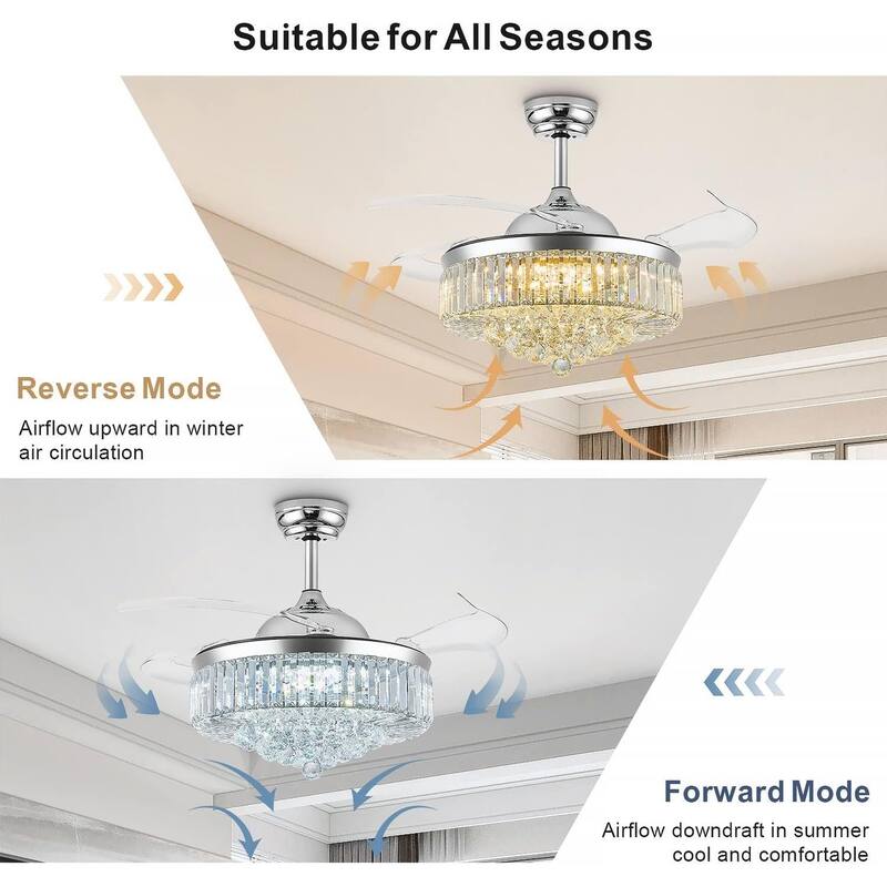 42" Fandelier Ceiling Fan with Light, Retractable Chandelier Fan LED Dimmable Crystal Ceiling Fan for Bedroom Living Room