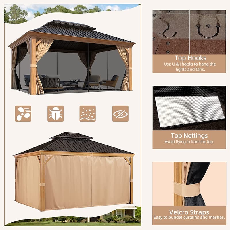 Outdoor Galvanized Steel Roof Gazebo Pergola w Wooden Coated Alumninum Frame, Privacy Curtains and Nettings Include