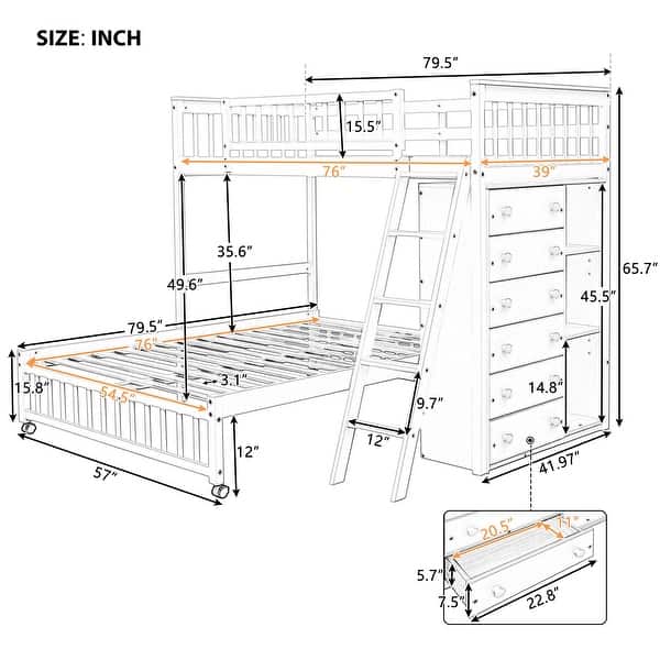 Modern Twin Over Full Bunk Bed With Six Drawers And Flexible Shelves With Wheels