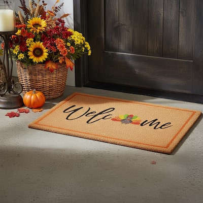 HomeRoots 17" X 29" Natural And Brown Thanksgiving Welcome Outdoor Coir Door Mat - 17.00' X '29.00