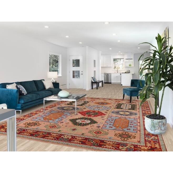 Geometric Kazak Oriental Area Rug Hand-Knotted Wool Carpet - 8'10"x 11'9"