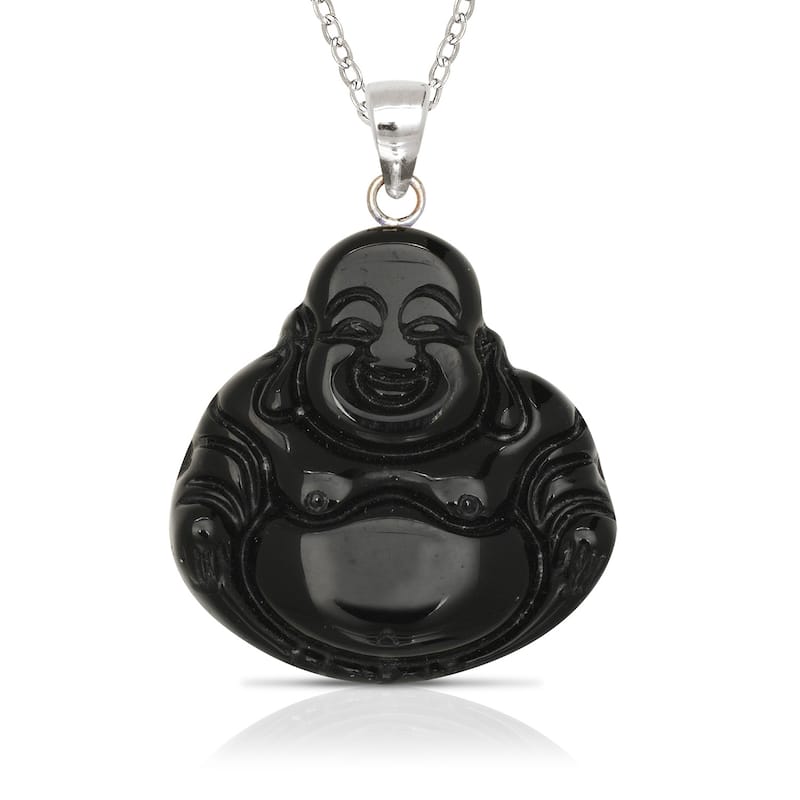 925 Sterling silver 18" Green Jade/Lavendar Jade/Black Onyx/ Brown Jade Carved Buddha Pendant Necklace (20mm x 30mm) - Black Onyx