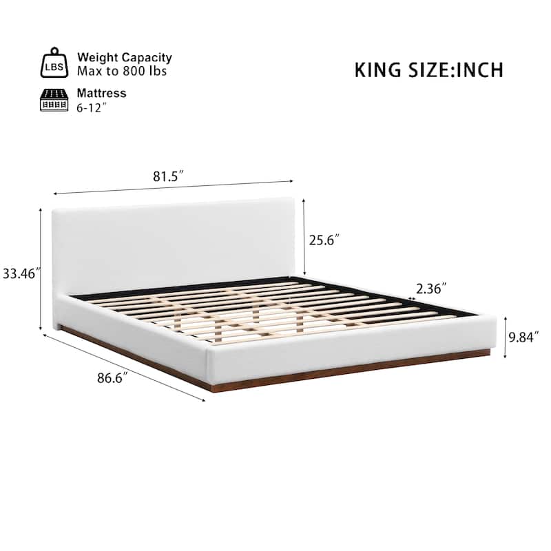 King Size Fabric Upholstered Platform Bed with Solid Wood Base and Wood Grain Texture