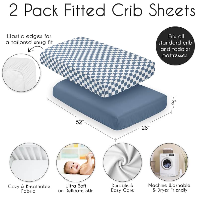 Sweet Jojo Designs Blue Gingham Checkered Plaid Boy 2 Pack Fitted Crib Sheets - Solid Steel and Vintage Classic Checkerboard