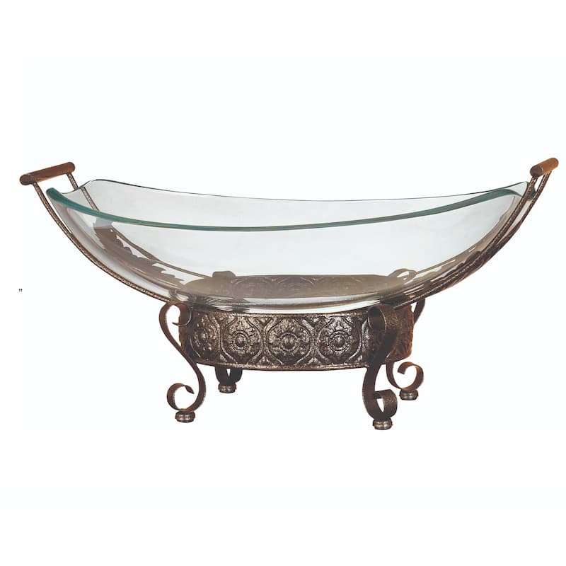 Tempered Glass Kitchen Serving Bowl with Brown Metal Scroll Base - Clear - Roche River Decor - Clear