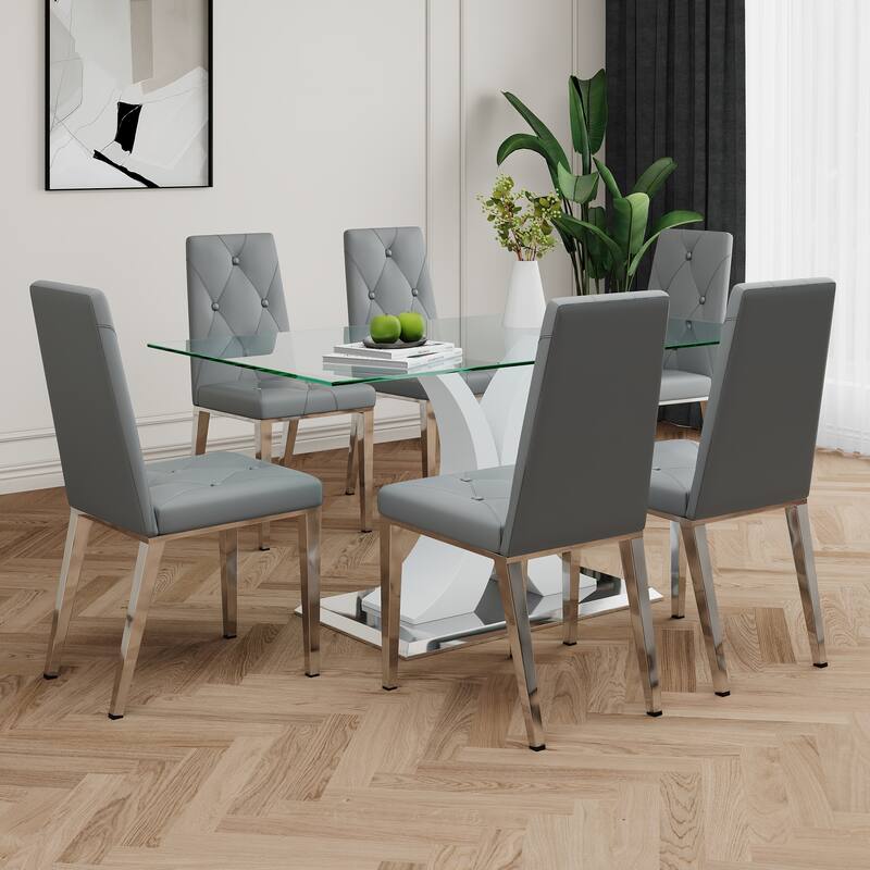 Modern Style Glass Table,Durable Support Base,Dining Chair Set For Restaurant Kitchens(Set of 7)