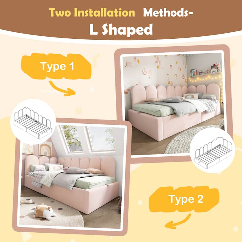 Twin Size Daybed Upholstered Platform Bed L-shaped Single Sofa Bed, with Hydraulic Storage or Pull-Out Bed, Velvet Fabric