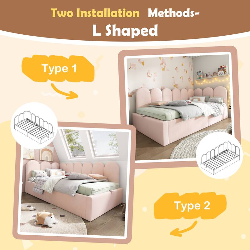 Velvet Upholstered Platform Bed Twin Size Daybed with Hydraulic Storage Bed Frame and Interchangeable L-shaped Side Panels