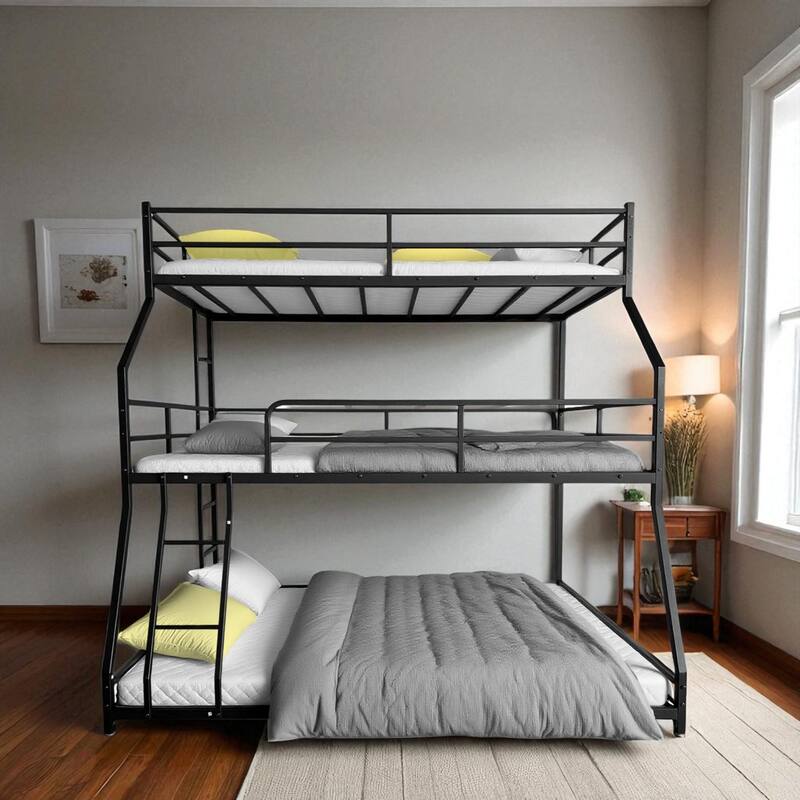 Metal Triple Bunk Bed with Full-Length Guardrails, Long and Short Ladders, Space-Saving Design for Kids and Teens - Black - Twin