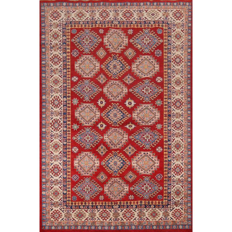 Hand Knotted Oriental 100% Wool Carpet Traditional Geometric Red Kazak Area Rug - 9' 6'' X 6' 7''