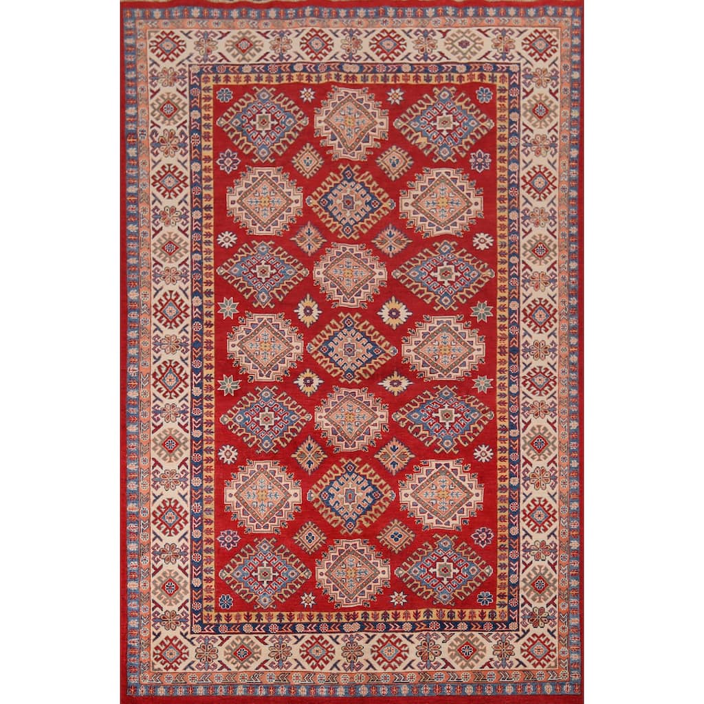 Hand Knotted Oriental 100% Wool Carpet Traditional Geometric Red Kazak Area Rug - 9' 6'' X 6' 7''