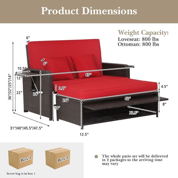 Rattan Two-seat Patio Chaise with Storage and Extending Side Tables