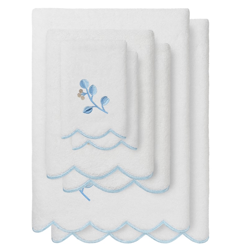 Authentic Hotel and Spa 100% Turkish Cotton WILD BRANCH Scallop Embellished Towel Collection - White/Blue - 6 Piece Set