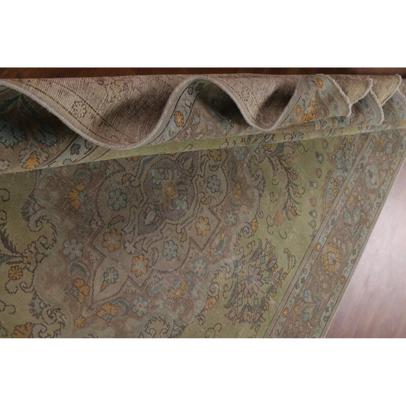 Green Distressed Tabriz Persian Antique Area Rug Handmade Wool Carpet - 6'6" x 9'8"