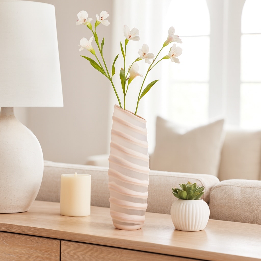 Carved Glass Modern Table Vase with Ribbed Silhouette - Ivory