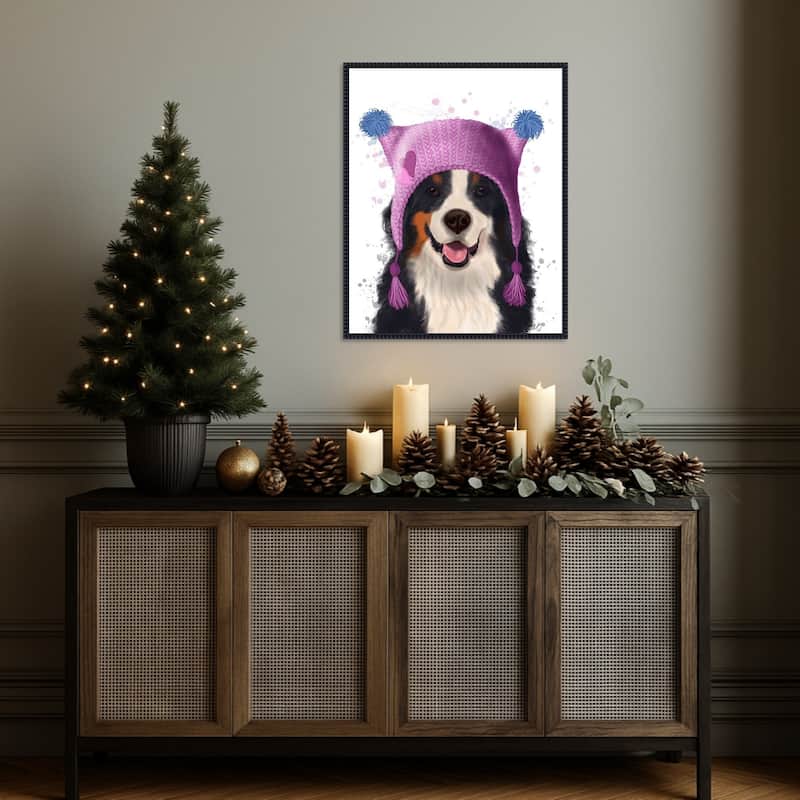 Bernese And Bobble Hat by Fab Funky (23 x 28 in.), Framed Canvas Wall Art Print - Sylvie Beaded Black