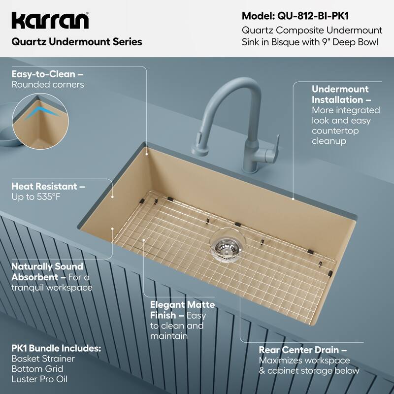 Karran Undermount 32.5 in. Large Single Bowl Quartz Kitchen Sink Kit