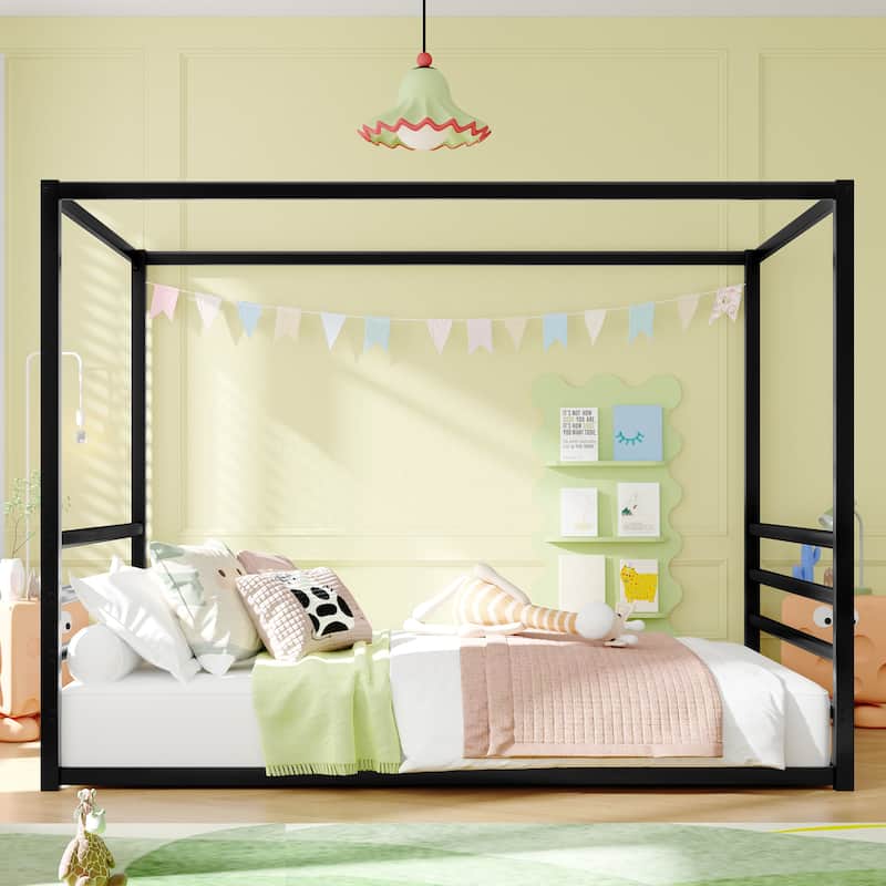 Queen Size Iron Canopy Bed with Fence Guardrails and Sunshade Design - Black
