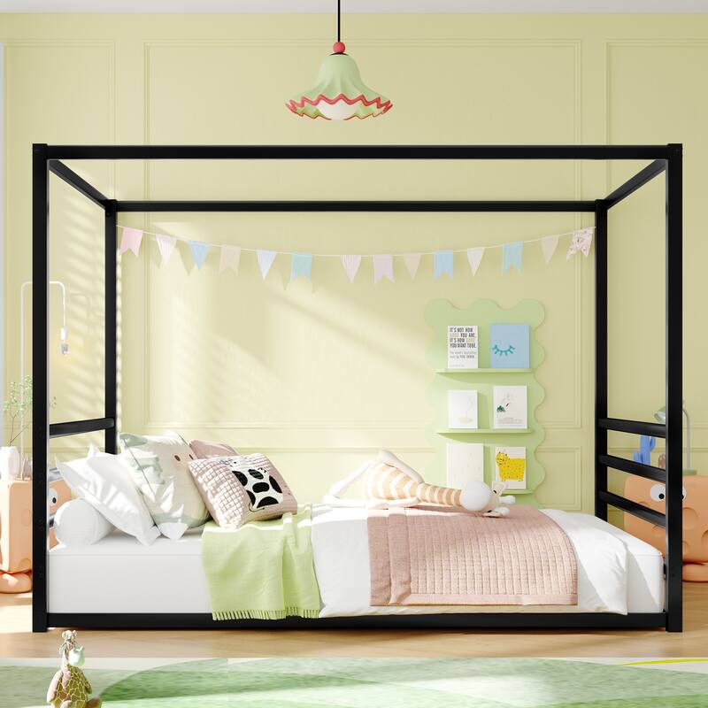 Queen Size Sunshade Floor Bed, Iron Double-Size Bed Frame,Equipped With Fence-Style Guardrails - Black