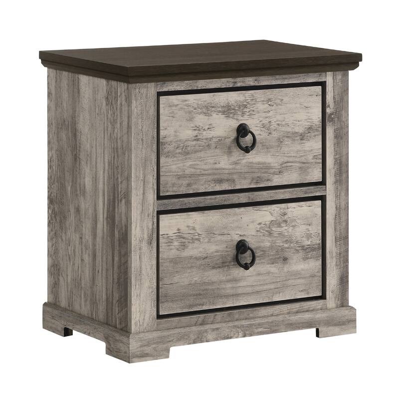 Elaya Nightstand with 2 Drawers, Black Metal, Weathered Gray Wood