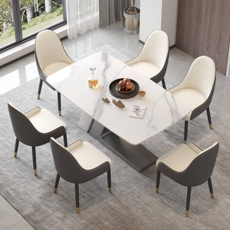 Slate Dining Table Faux Marble Table with Z shape Stainless Steel Pedestal - 63" - White