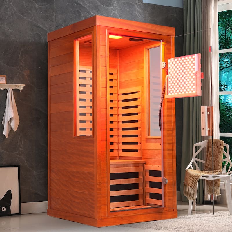 One Person Indoor Low EMF Infrared Sauna Okoume Wood with Bluetooth Red Light Therapy - N/A