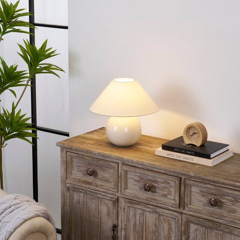 Brightech Fiona LED Off-White Cream Ceramic Midcentury Round Globe Bedside Nightstand Desk Lamp with Cream Cotton Empire Shade
