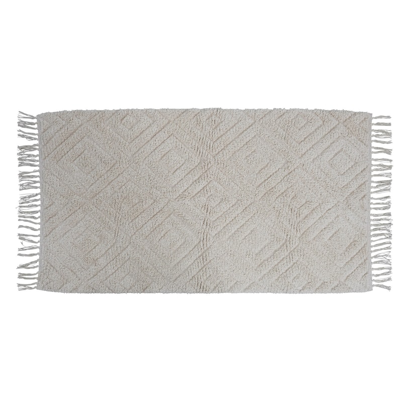 Cotton Tufted Rug with Diamond Pattern and Fringe - 65" L x 36" W x 0" H