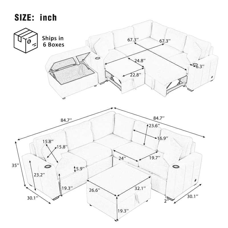 84.7" Modular Sectional Sofa Convertible Pull-Out Bed U-Shape L-Shape Couch with Storage Ottoman USB Ports Cup Holders