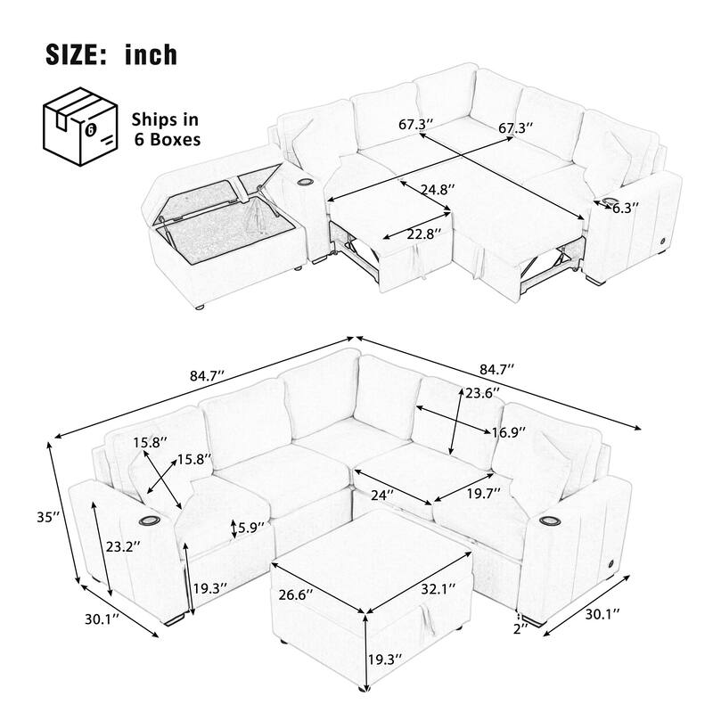 Modern Modular Sectional Sofa with Pull Out Bed and Storage Ottoman and USB Ports for Living Room or Guest Room
