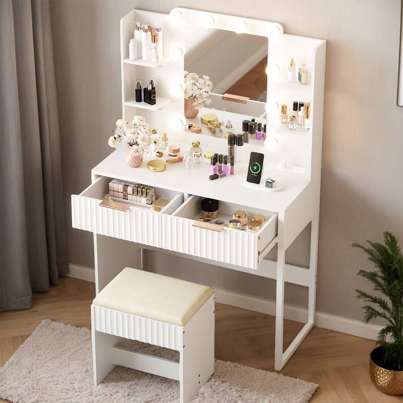 Particle Board Veneered with Textured Melamine, 2-drawer 4-Shelf, comes with 10 Three-color Dimmable Bulbs, Dressing Table Set