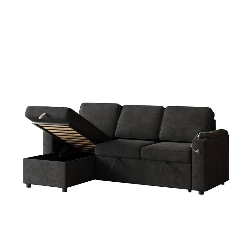 85.8-Inch Sleeper Sofa with Storage,L Shaped Sofa with Pull Out Bed and Charging Port 