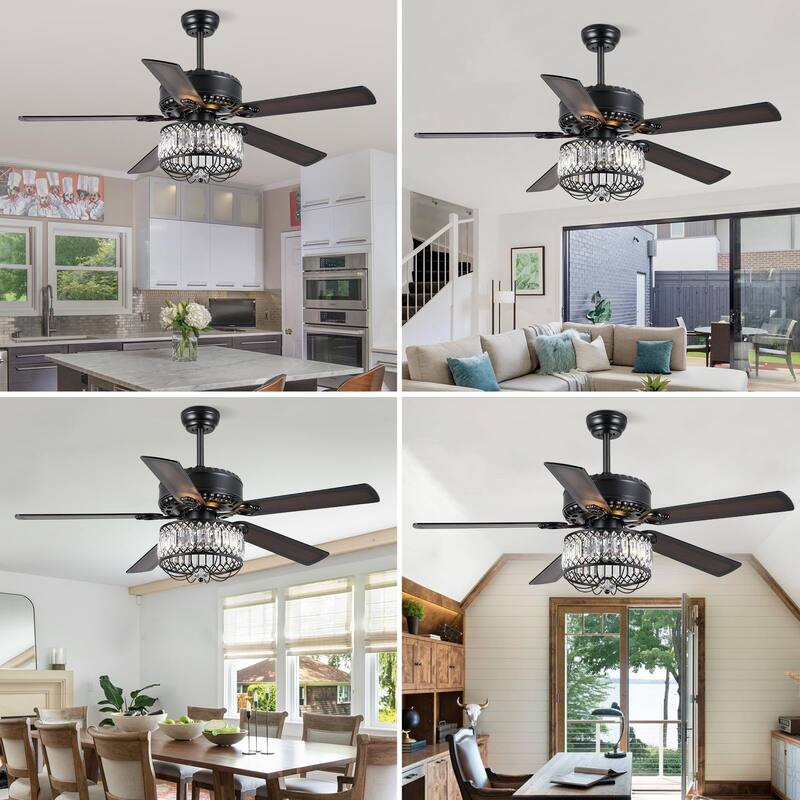 52" Modern Crystal Ceiling Fan Chandelier with Remote,2 Bulbs,Reversible DC Motor,5 Plywood Blades - 52 Inches