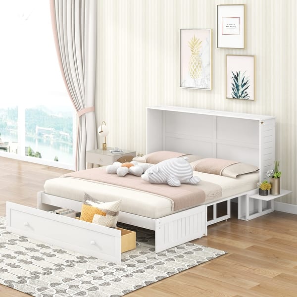 Modern Style White Pine Wood Queen Size Murphy Bed with Drawer and Shelves Bed Bath & Beyond