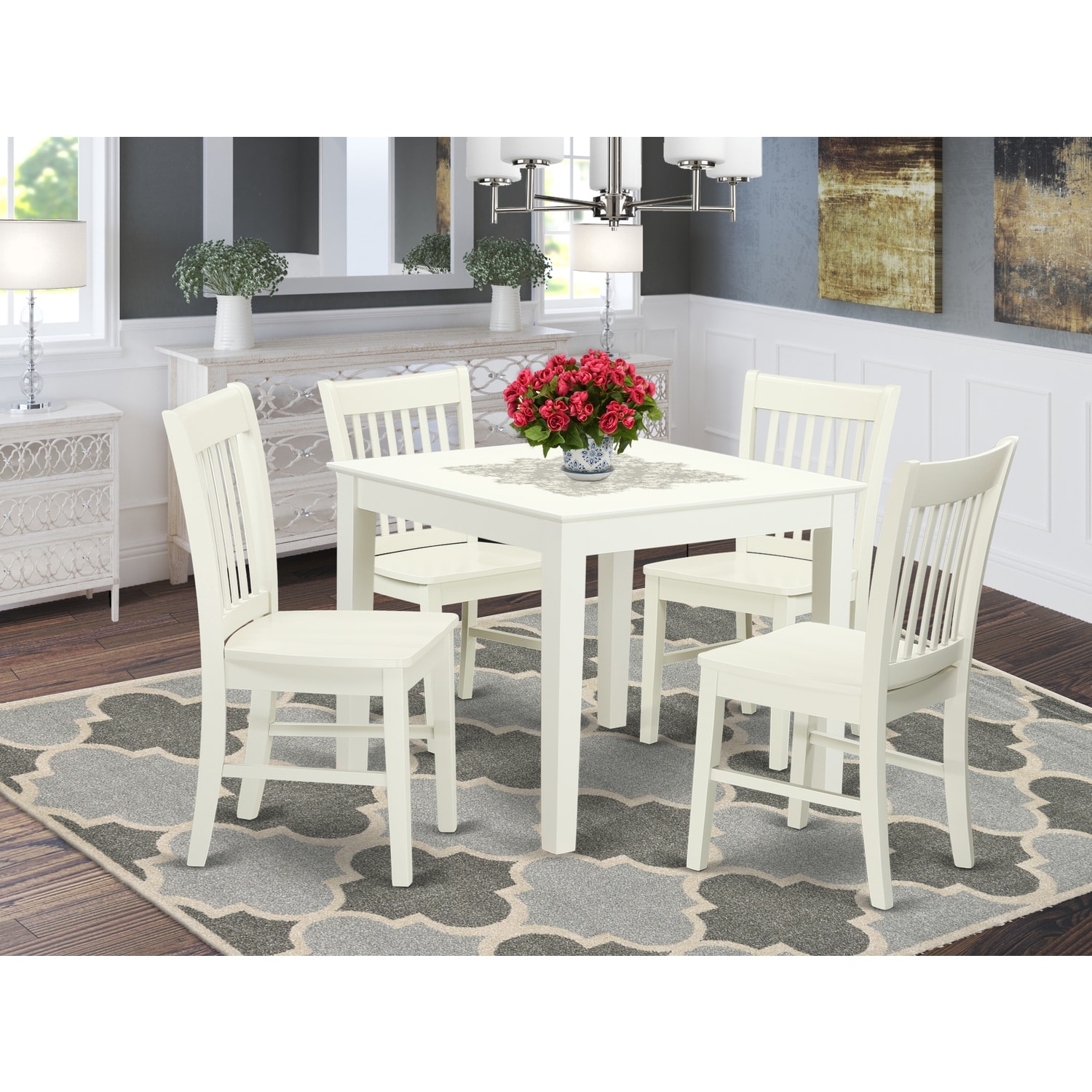 5-Piece Linen White Finish Solid Wood Top - Dining Room Set - Seats-4