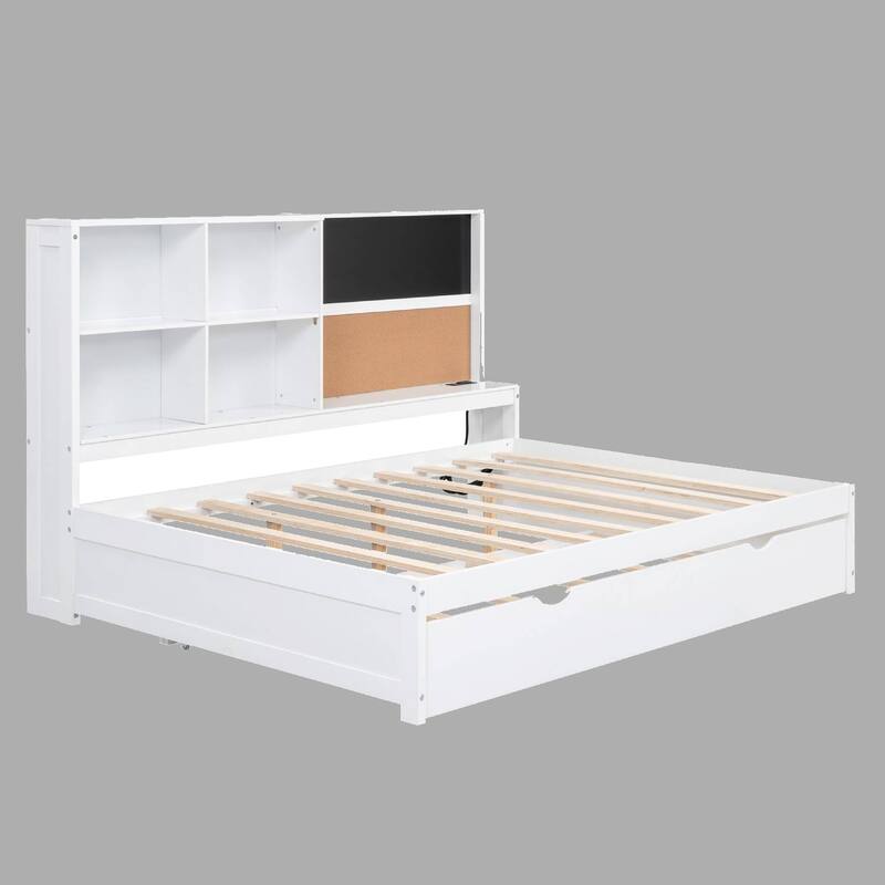 Full or Twin Size Daybed with Built-in Storage, Corkboard, USB Charging Ports, and Trundle - White - Full