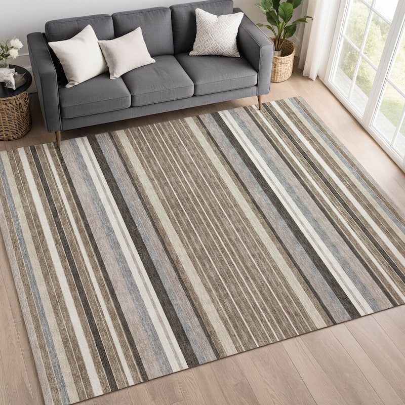 Machine Washable Indoor/ Outdoor Modern Stripes Chantille Rug