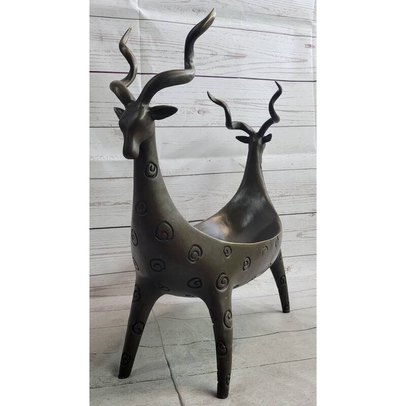 Two Gazelle Antelope Kudu Bronze Vessel Planter Bowl Candy Dish