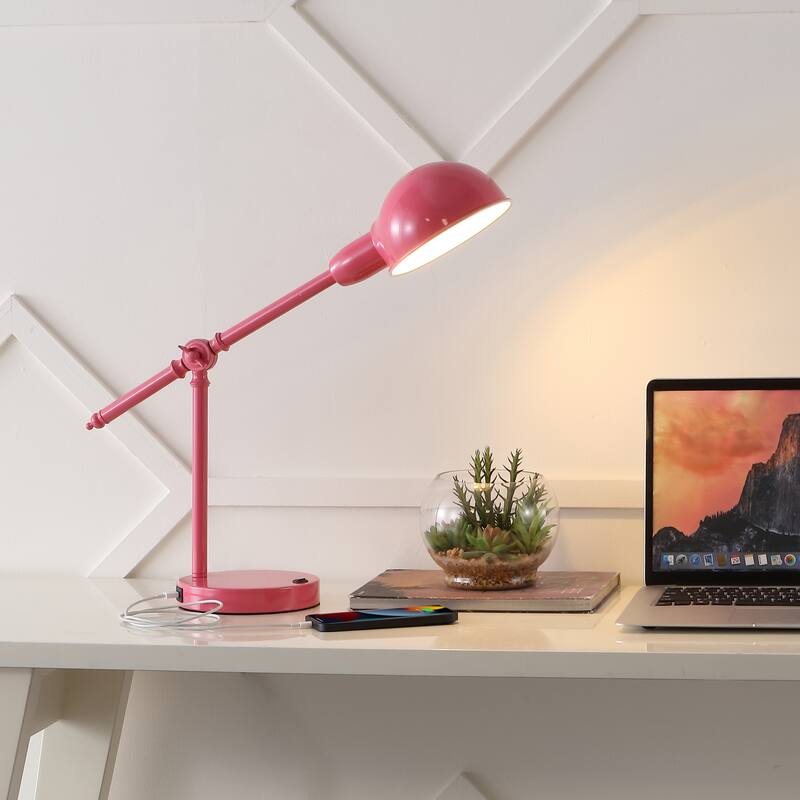 Allegra 20.25" Vintage Industrial Iron Adjustable Dome Shade LED Task Lamp with USB Charging Port, by JONATHAN Y