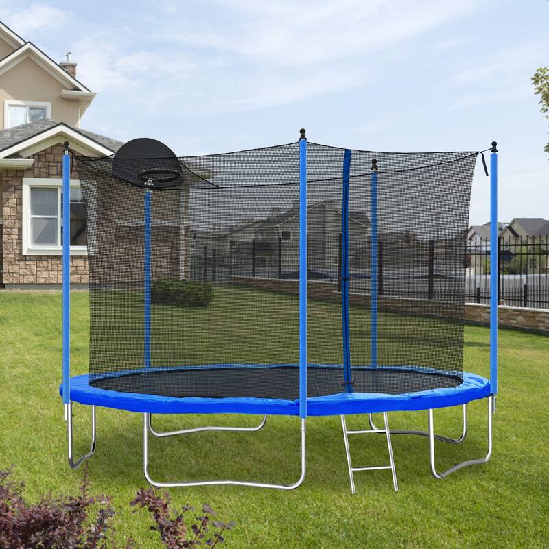 Recreational Trampoline - Basketball Hoop, Safety Enclosure Net, Ladder, Outdoor Use - Blue - 141.7