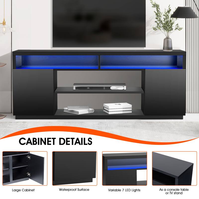 68" Modern Black Rectangular RGB LED TV Stand Media Console for up to 75" TV
