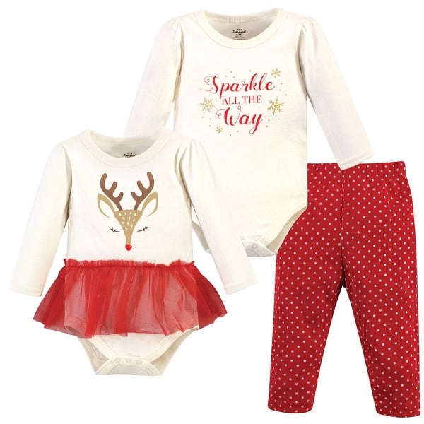 slide 1 of 1, Little Treasure Baby Girl Cotton Bodysuit and Pant Set, Pretty Reindeer 0-3 Months - Pretty Reindeer