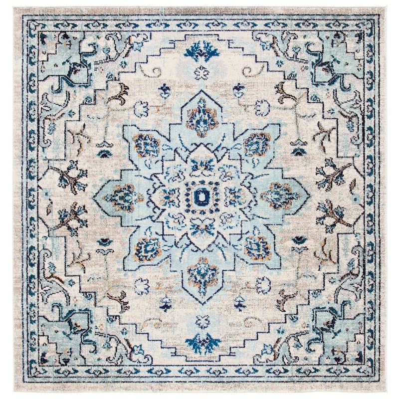SAFAVIEH Madison Diederike Boho Medallion Distressed Rug - 3' Square - Ivory/Light Blue - Square