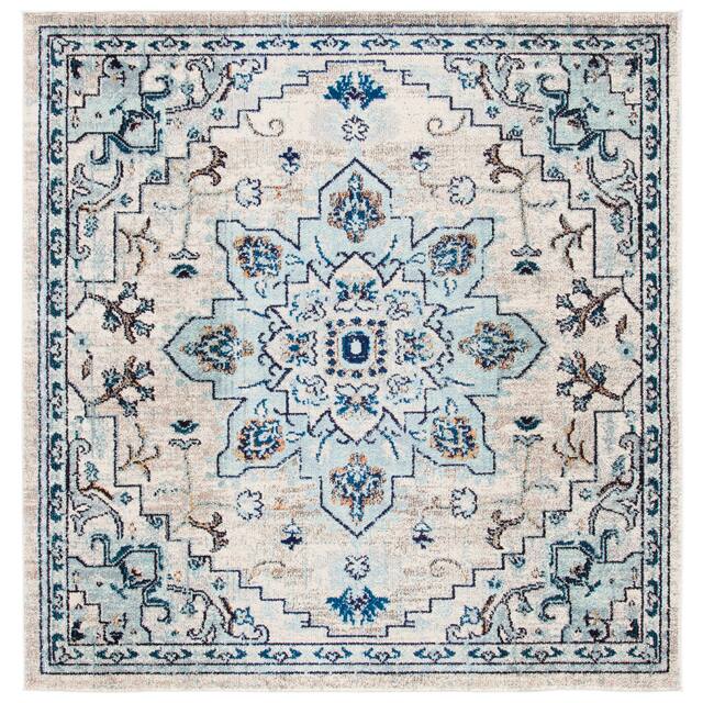 SAFAVIEH Madison Diederike Boho Medallion Distressed Rug - 5' x 5' Square - Ivory/Light Blue