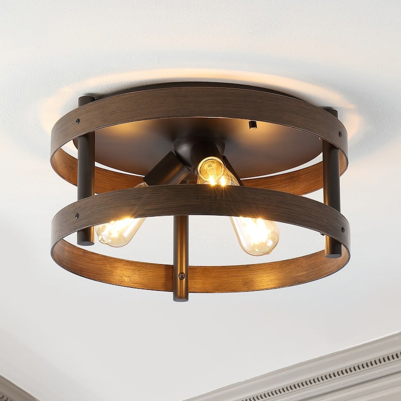 Paulina 16" 3-Light Farmhouse Industrial Iron LED Flush Mount, Brown Wood Finished/Oil Rubbed Bronze by JONATHAN Y