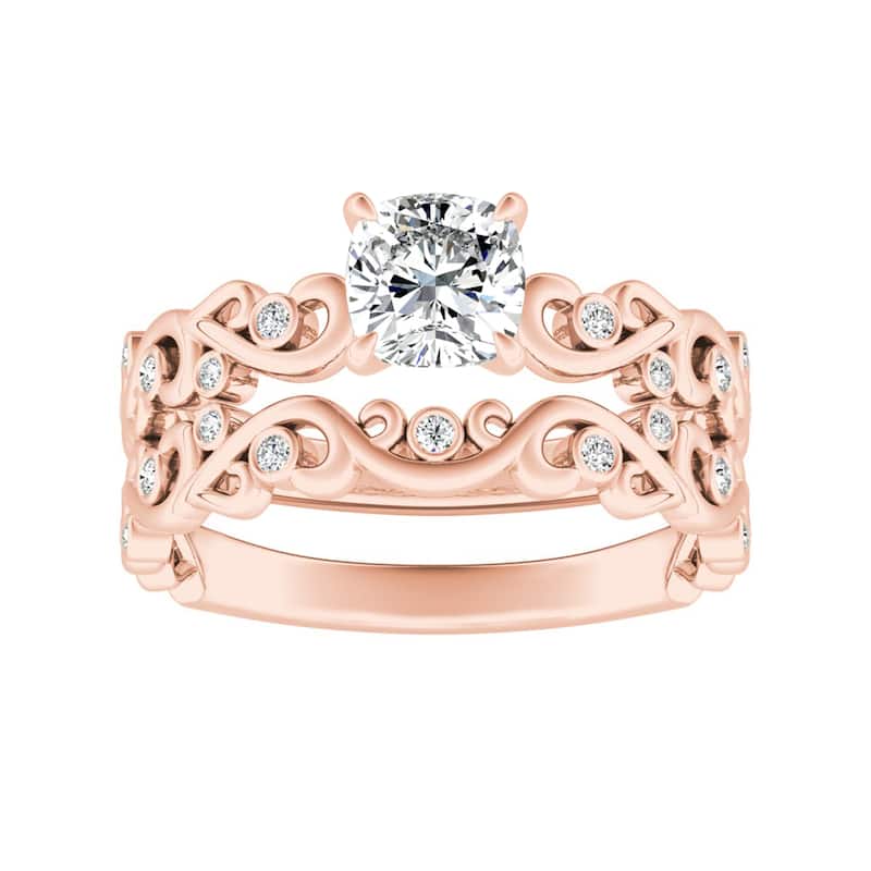 Auriya 1ct Vintage Cushion-cut Moissanite and Diamond Engagement Ring Set 14k Gold - Rose - 7