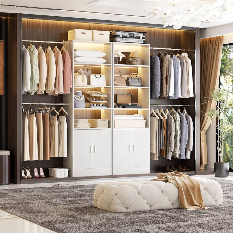 Rackcog 25'' - 104'' W Closet Organizer with Expandable Hanging Rods, Cabinet, Adjustable Shelves