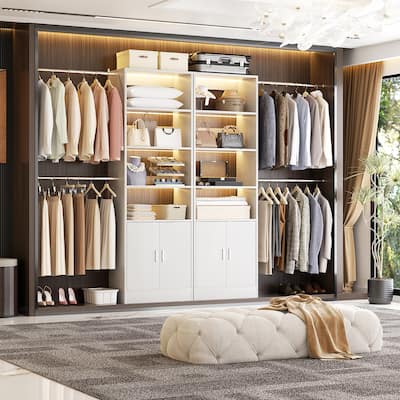 Rackcog 25'' - 104'' W Closet Organizer with Expandable Hanging Rods, Cabinet, Adjustable Shelves