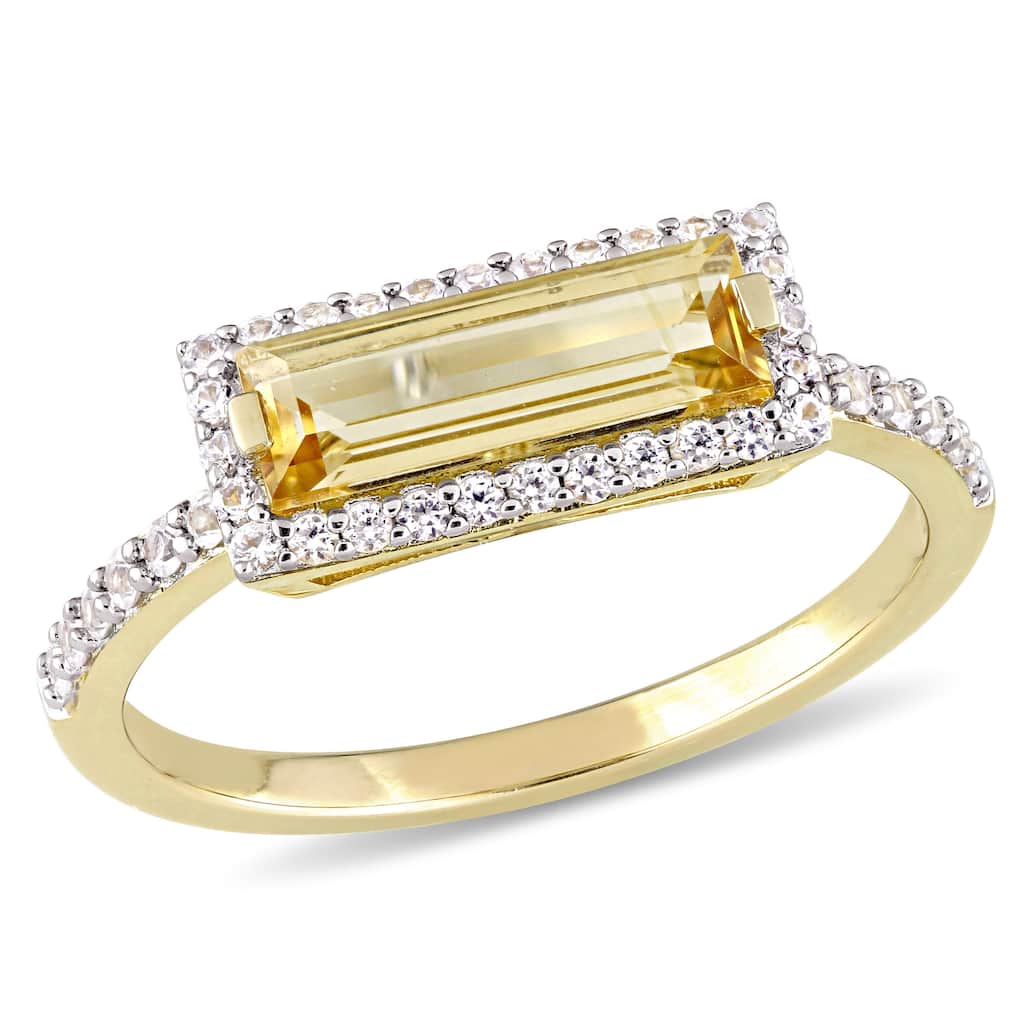 Miadora Yellow Gold Plated Sterling Silver Baguette Citrine and White Sapphire Halo Bar Ring