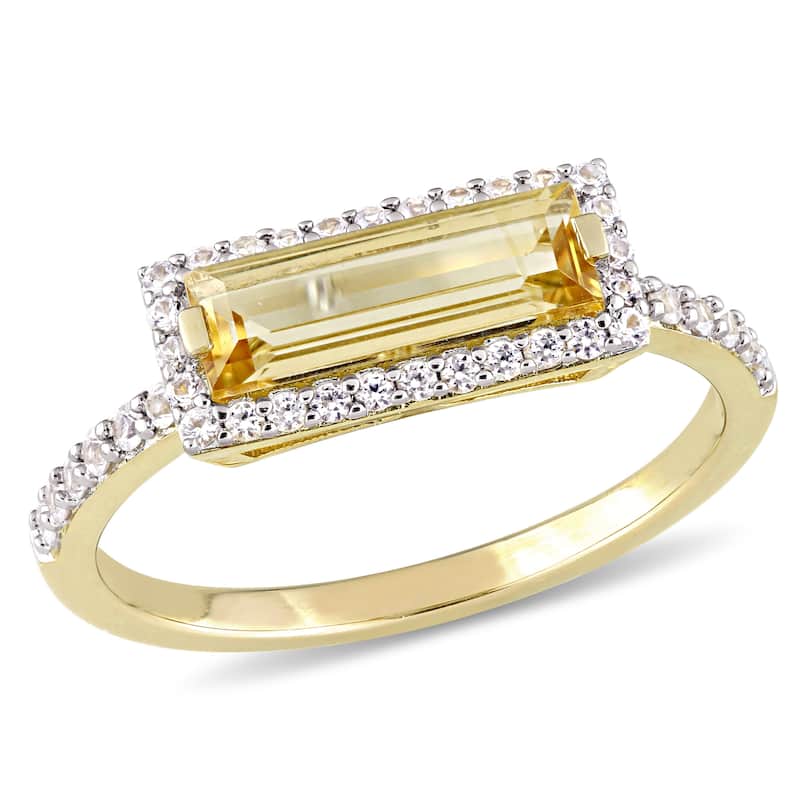 Miadora Yellow Gold Plated Sterling Silver Baguette Citrine and White Sapphire Halo Bar Ring